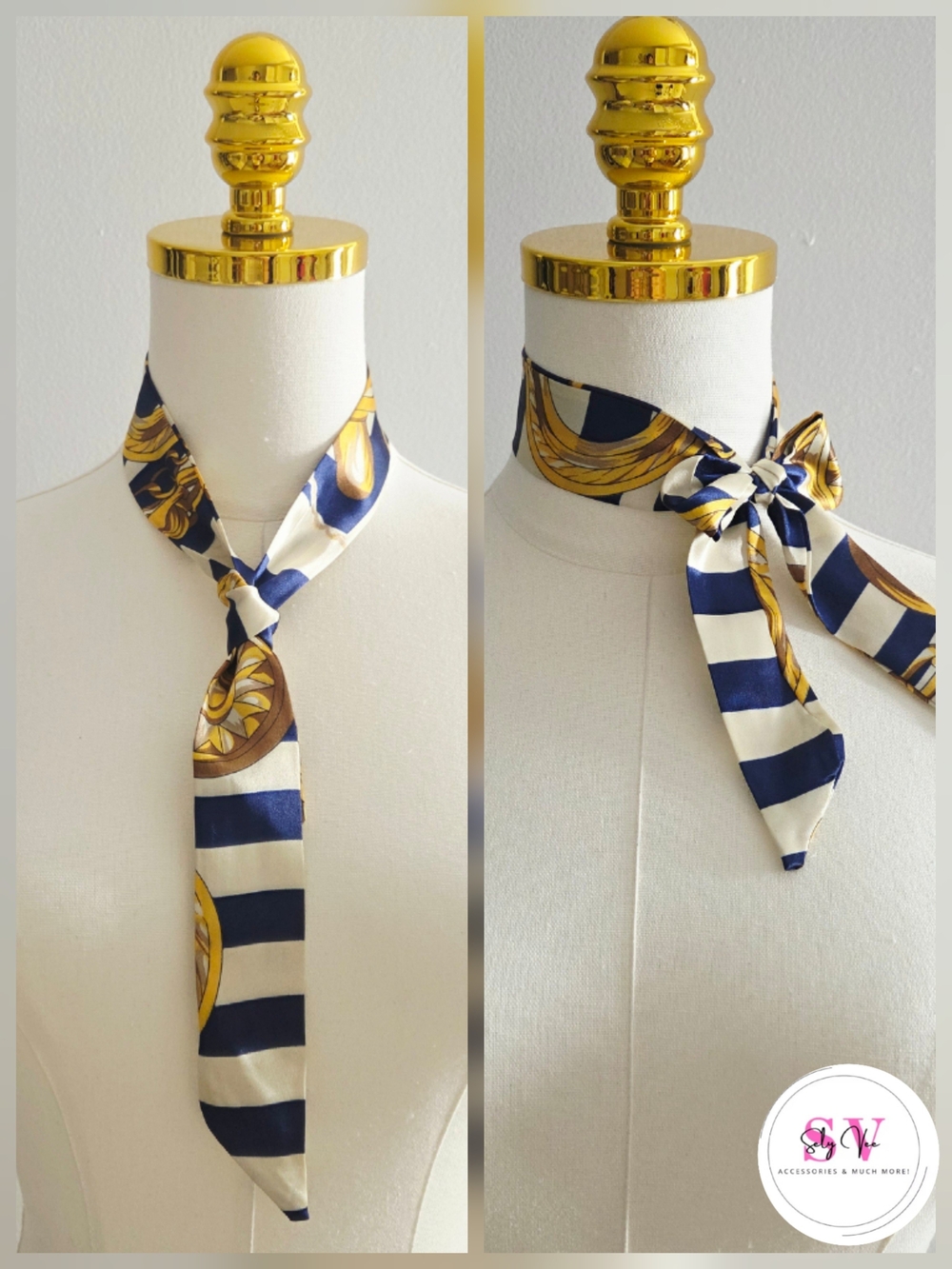 Navy blue, white, and gold striped scarf with gold accents